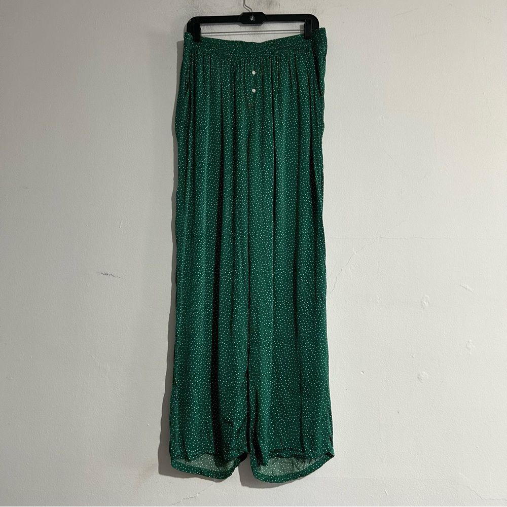 Aerie Off Duty Satin Trouser Wide Leg PJ Pants Island Pine Green Polka Dot Large